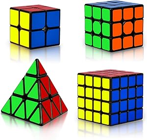 Coolzon Cube Set Magic Speed Cube Bundle 2x2 3x3 4x4 Pyraminx Pyramid, Easy Turning 3D Puzzle Cube Games Toy Gift for Kids Adults, Pack of 4