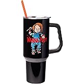 Silver Buffalo Chucky Holding Knife Wanna Play Spooky Scary Double Walled Stainless Steel Tumbler with Handle and Straw, Fits in Standard Cup Holder, 40 Ounces