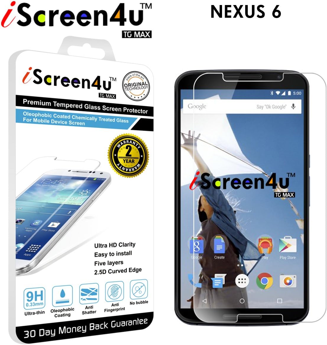 Nexus 6 Screen Protector - iScreen4u TG MAX 2.5D Rounded Edge 0.33mm Ultra-Thin Tempered Glass Screen Protector with a 2-Year Limited Warranty (Motorola - Nexus 6)