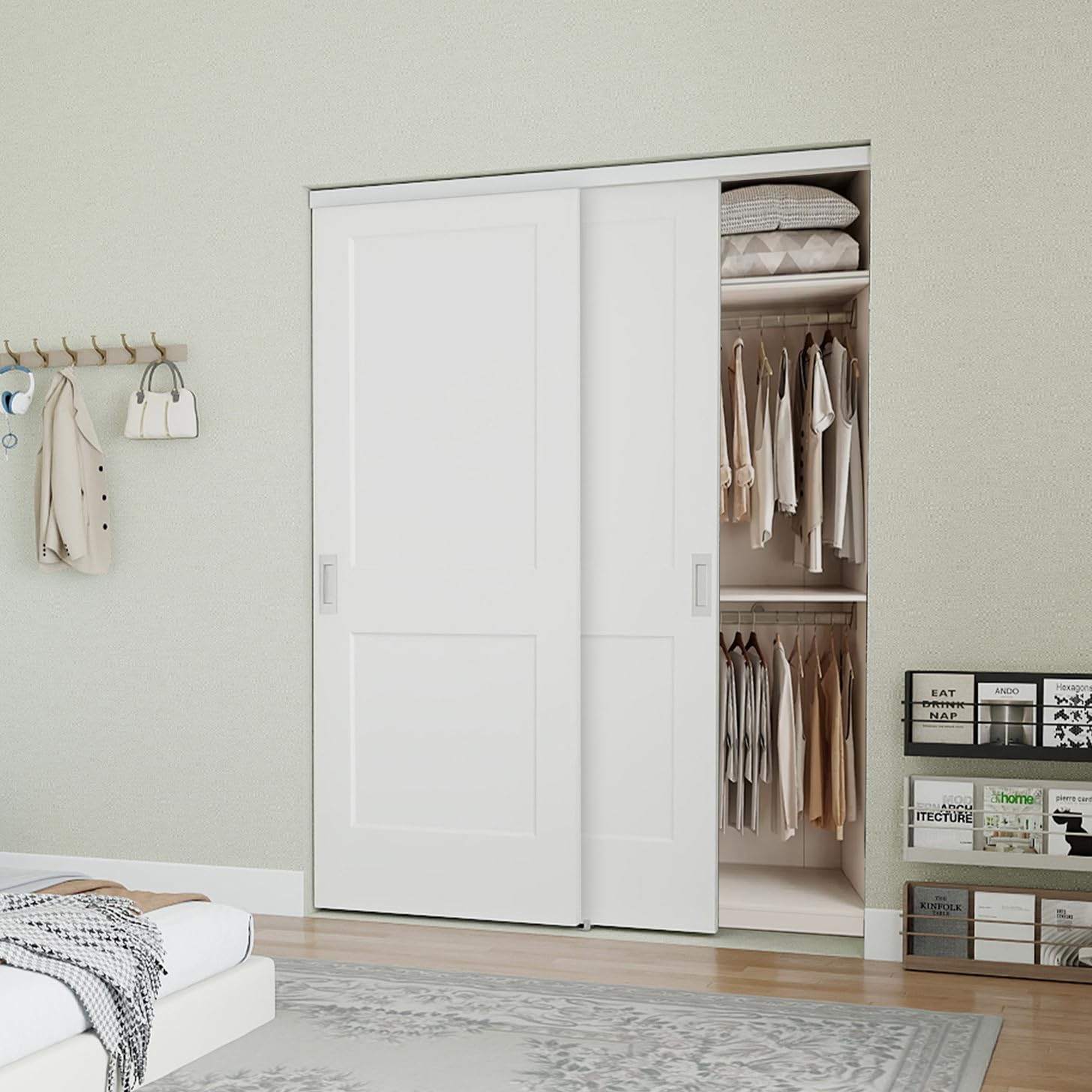 Photo 1 of JUBEST 72 in. x 80in. Bypass Closet Door, Flat 2 Panel Shaker Style White Primed Bypass Sliding Closet Door, Interior Doors with Hardware Kits Include, Pre-drilled, Paintable
DAMAGED DOOR SEE PIC