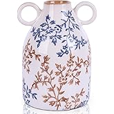 Blue Floral Ceramic Vase with Handle, Nordic Boho Small Vases Side Table Flower Centerpiece, Wide Mouth Single Flower Vase Pa