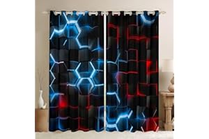 Feelyou Blue and Red Darkening Drapes (2 Panels, 38 x 45 Inch) Honeycomb Curtains Living Room Hexagon Theme 30%-50% Blackout Curtains Geometrical Beehive Window Treatments