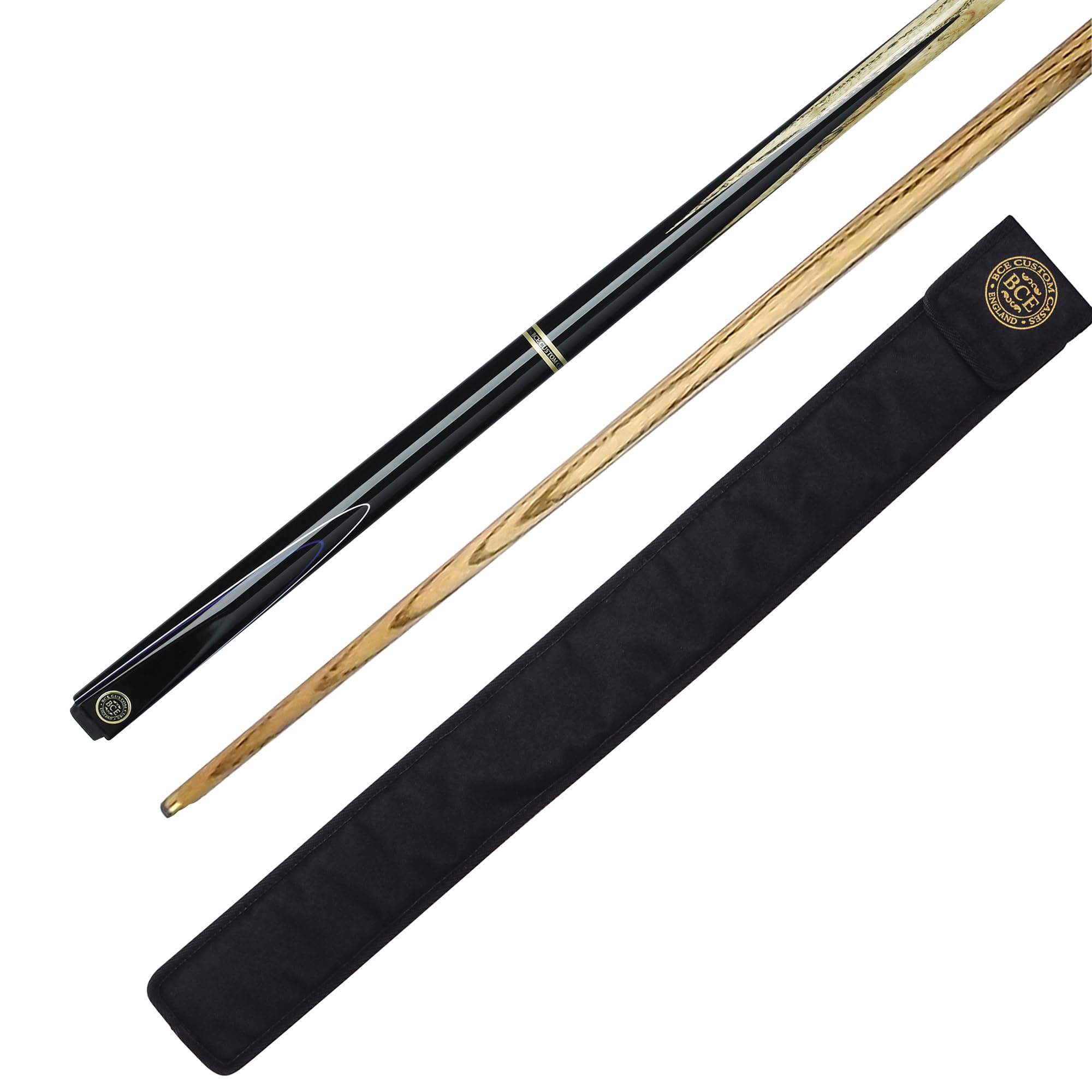 BCE 2-Piece Ash Snooker and Pool Cue with Soft Case (RSC.1A Model) – 145 cm Length, 9.5 mm Tip, Black Butt with Natural Wood Shaft