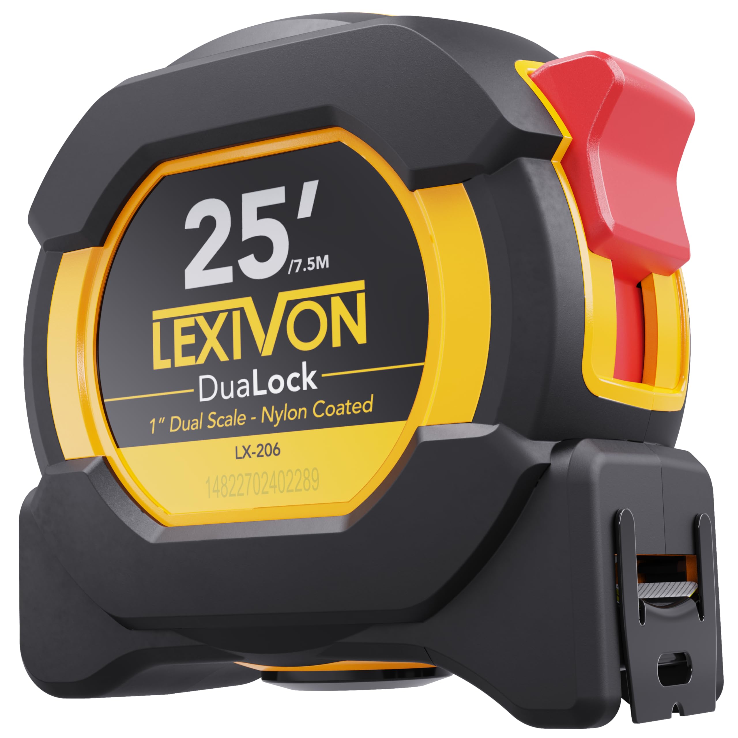 LEXIVON 25Ft/7.5m DuaLock Tape Measure | 1-Inch Wide Blade With Nylon Coating, Matte Finish White & Yellow Dual Sided Rule Print | Ft/Inch/Fractions/Metric (LX-206)