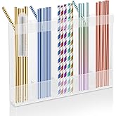 Acrylic Straw Holder for Cabinet, Reusable Straw Organizer with Double Sided Adhesive Tape Tumbler Straws Storage Container for Cupboard Drinking Straws Dispenser for Kitchen Counter (Transparent)