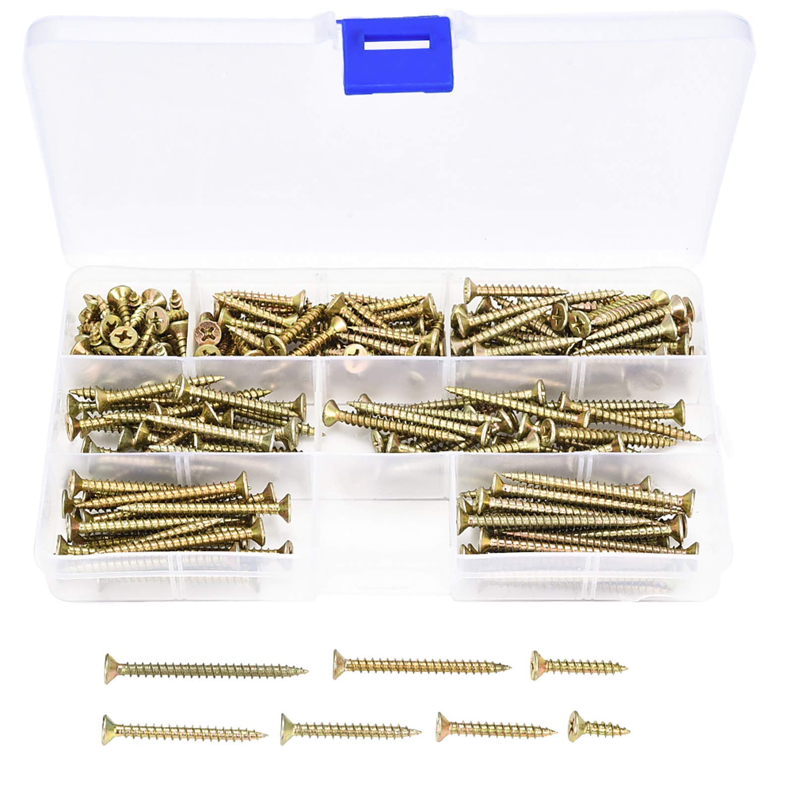 Jalan 200 PCS Wood Screws M4.2 Coarse Thread Self Tapping Screws Multi Use High Performance Screws Wood Screws Assortment Kit for Furniture and Cabinet （38mm/32mm/25mm/19mm/16mm/13mm Screws Set）Gold