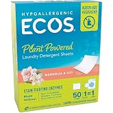 ECOS Laundry Detergent Sheets Vegan, No Plastic Jug, No Mess &amp; Liquid Free - Laundry Sheets in Washer - Hypoallergenic, Plant Powered Laundry Detergent Sheets - Magnolia &amp; Lily - 50 Sheets (Pack of 1)