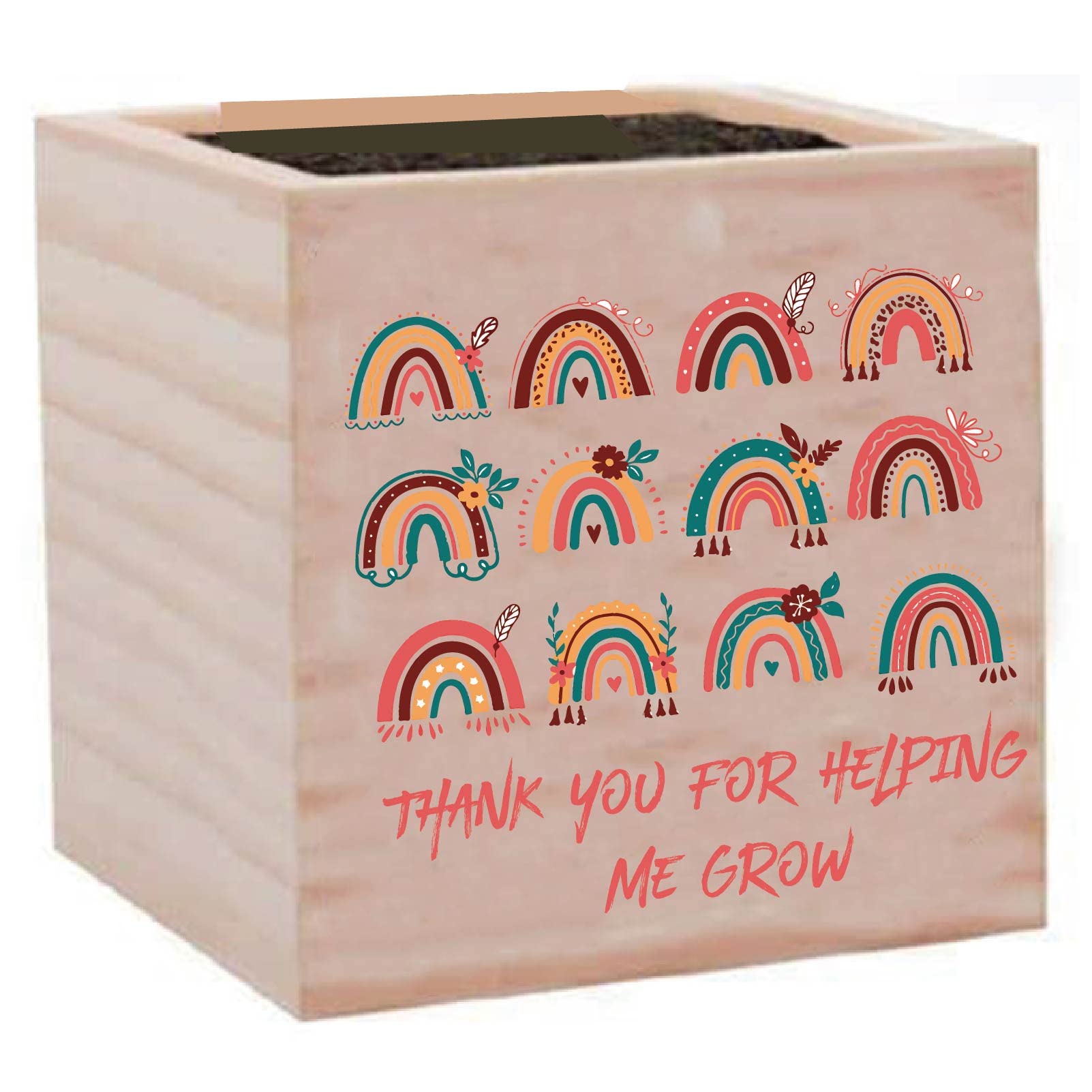 CREATCABIN Plant Cube Appreciation Gift Square Wood Planter Box Small Rustic Rainbow Flowerpot Home Decor for Garden Indoor Outdoor Plants Teacher Parents Gift 3 x 3 Inch-Thank You For Helping Me Grow