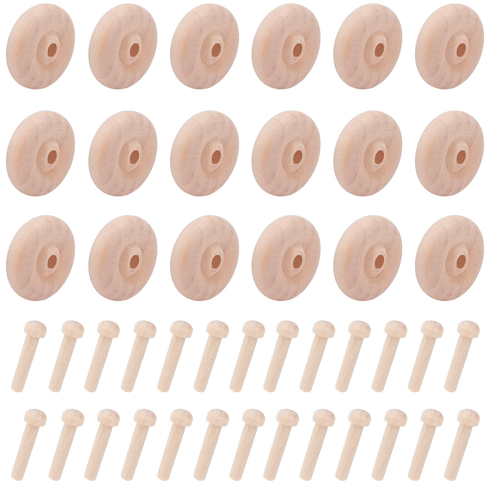 NBEADS 36 Sets Wooden Wheels Set for Crafts, Unfinshed Wooden Wheel Building Blocks Set Mini Wheels with Axle Pegs for Crafts Painting Colors Wood Working Pegboards