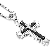 JUNOVUROS Stainless Steel Jesus Christ Cross Pendant Necklace for Men, 20 to 28 In Rolo/Byzantine Chain, 2 Sizes of Religious Jewelry with Silver/Gold/Black