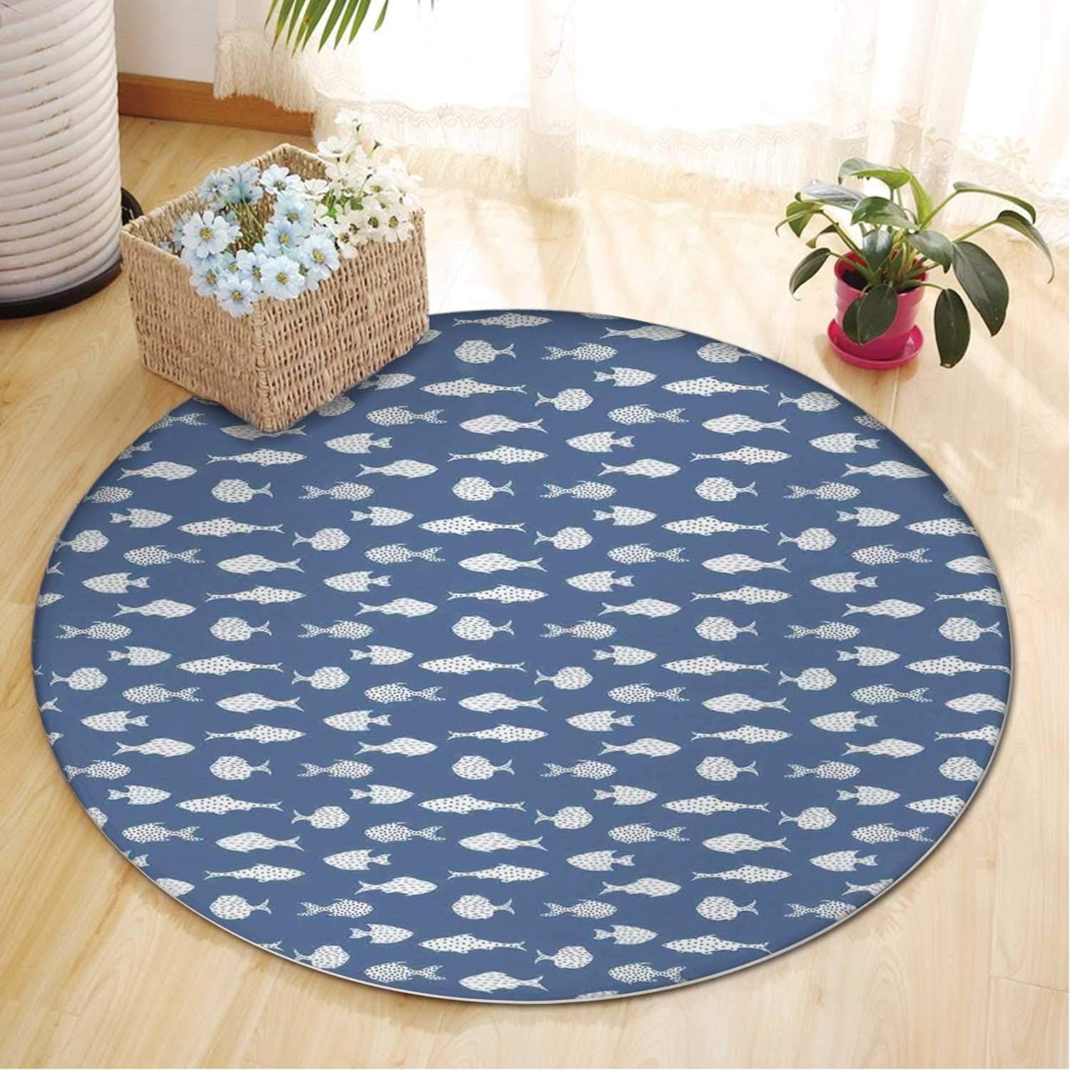 Fish,Persian Rug,White Fish Silhouettes with Dots and Dashes Print on Blue Background Print,2 ft