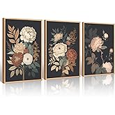 Pennclys Vintage Flower Wall Art Dark Floral Canvas Wall Art Botanical Farmhouse Prints Black Flower Pictures Wall Decor Moody Floral Artwork Painting for Living Room Bedroom 12x16x3 Inch Unframed