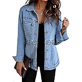 Tankaneo Denim Jacket for Women Distressed Jean Jacket Button Down Oversized Shacket with Pockets