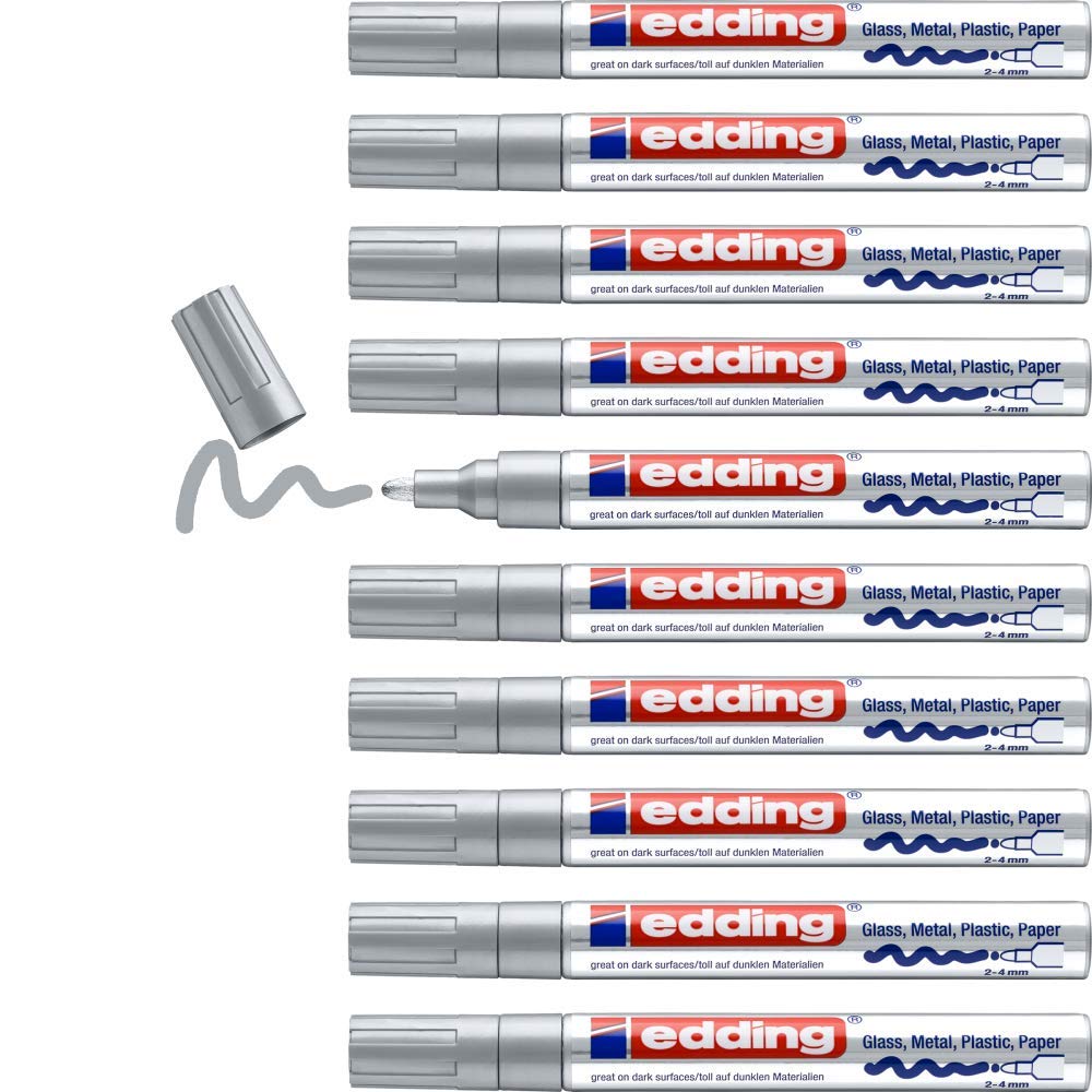 edding 750 gloss paint marker - silver - 10 paint markers - round tip 2-4 mm - paint pen for glass, pebbles, wood, plastic, paper - waterproof, high coverage