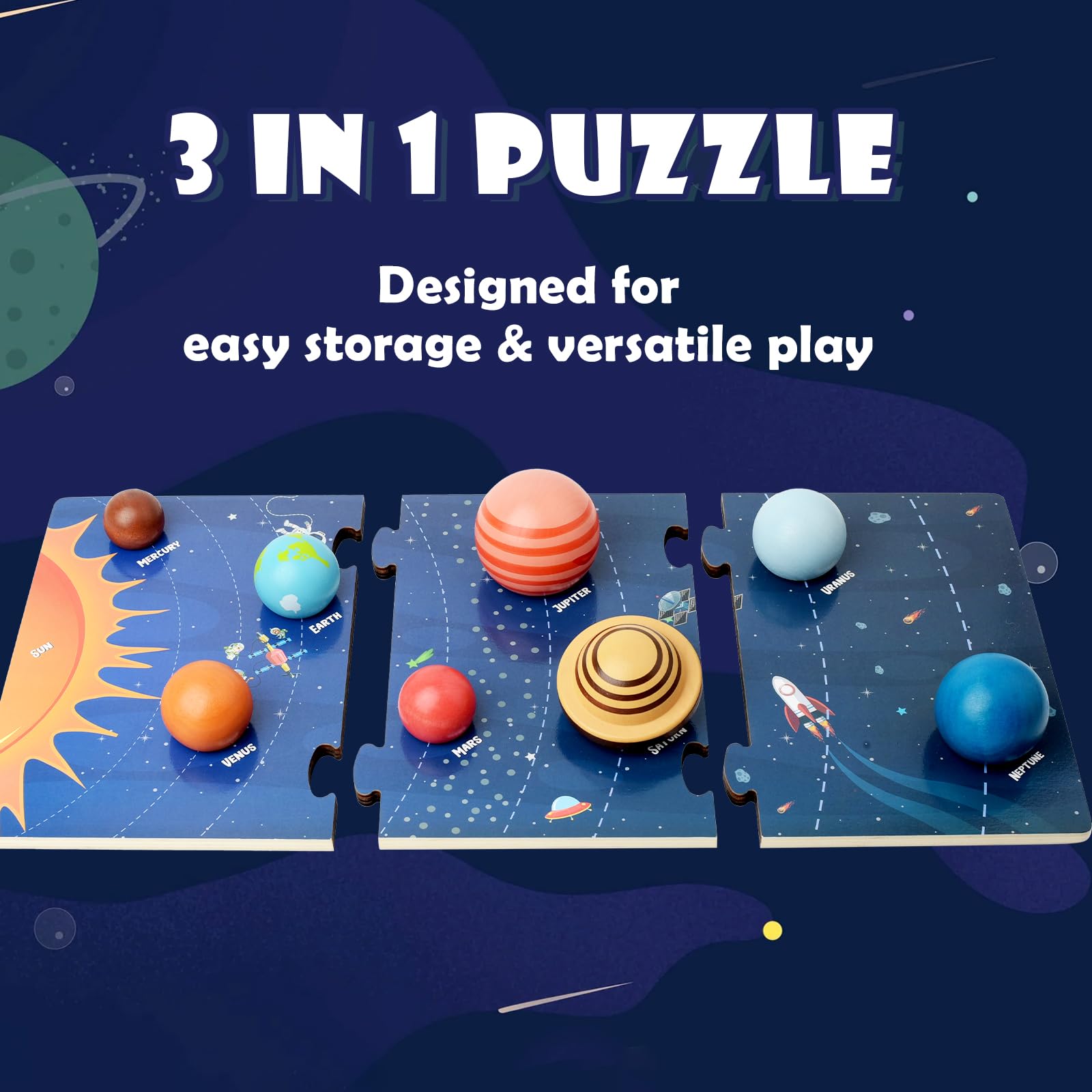 Wooden Solar System Model Board, Montessori Toys Planets Puzzle Science STEM Space Learning for Kids 4-8 with 3D Planets Models, Prechool Educational Gift for Boys Girls