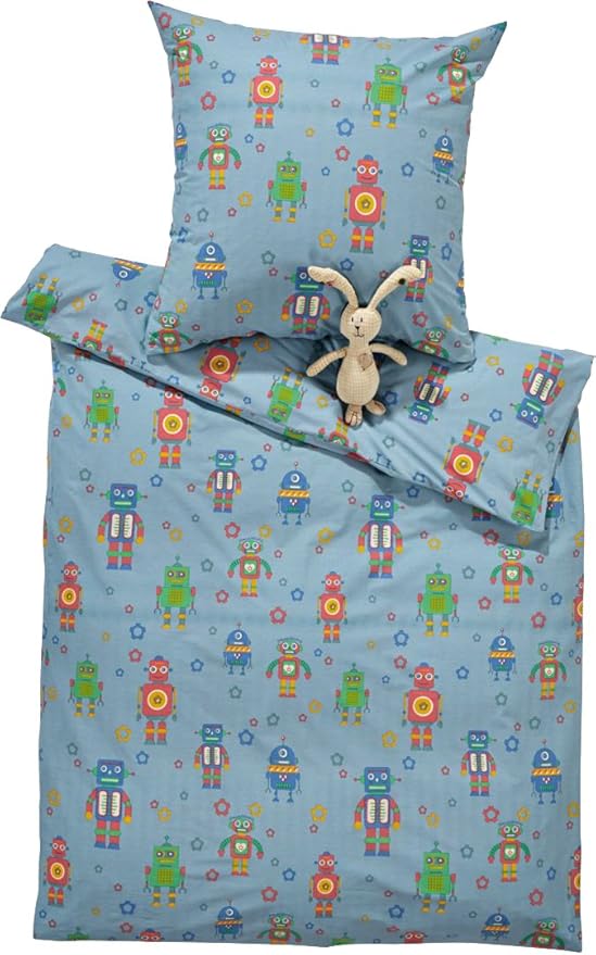 MERADISO® Kinder Renforcé-Bettwäsche, 100% Baumwolle (hellblau - Roboter, 135 x 200 cm)