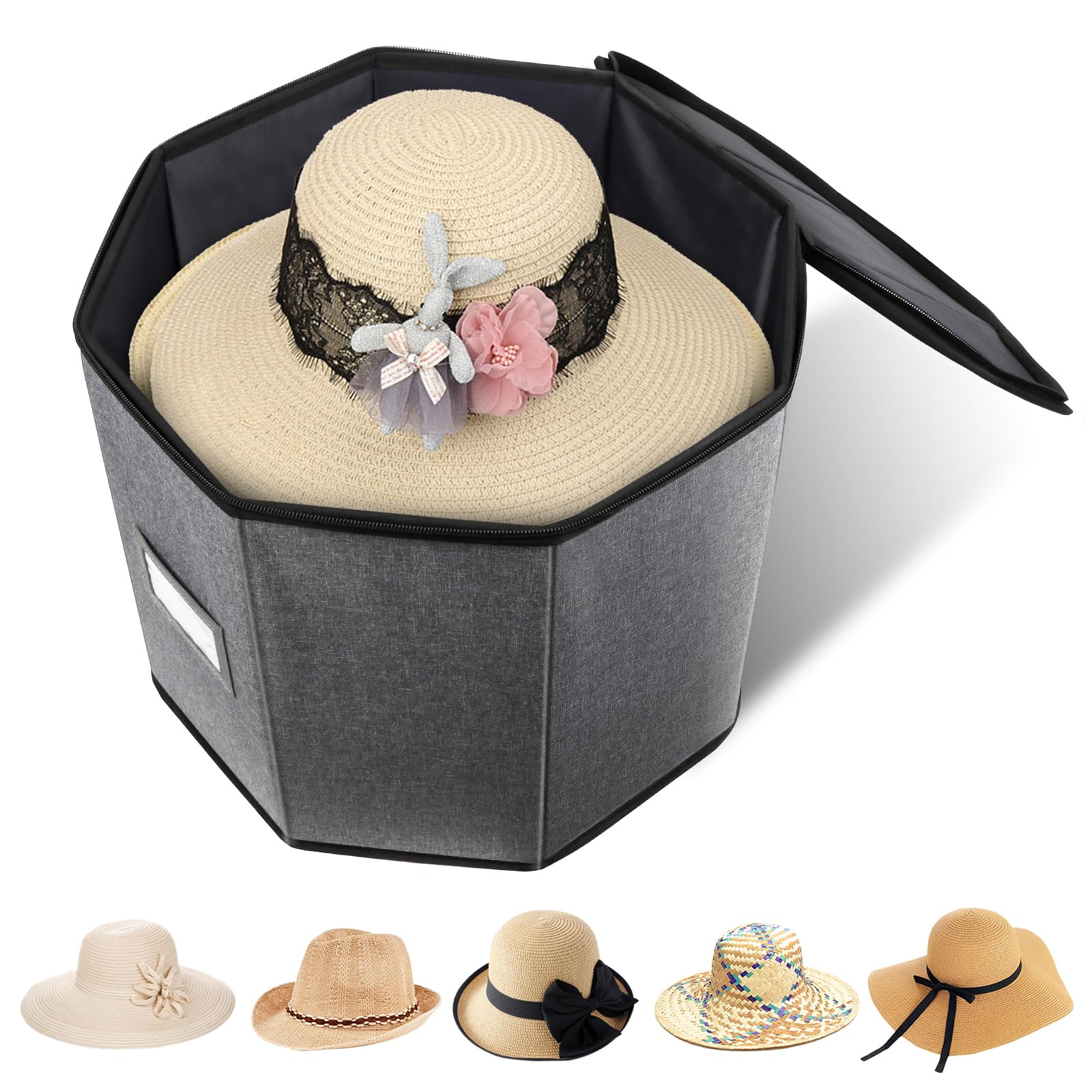 Photo 1 of Risapor Hat Storage Box, Hat Boxes for Women/Men Storage,Foldable Travel Hat Box with Lids,Large Hat Boxes,Stuffed Animal Toy Storage,Hat Storage Organizer for Hanging on Suitcase