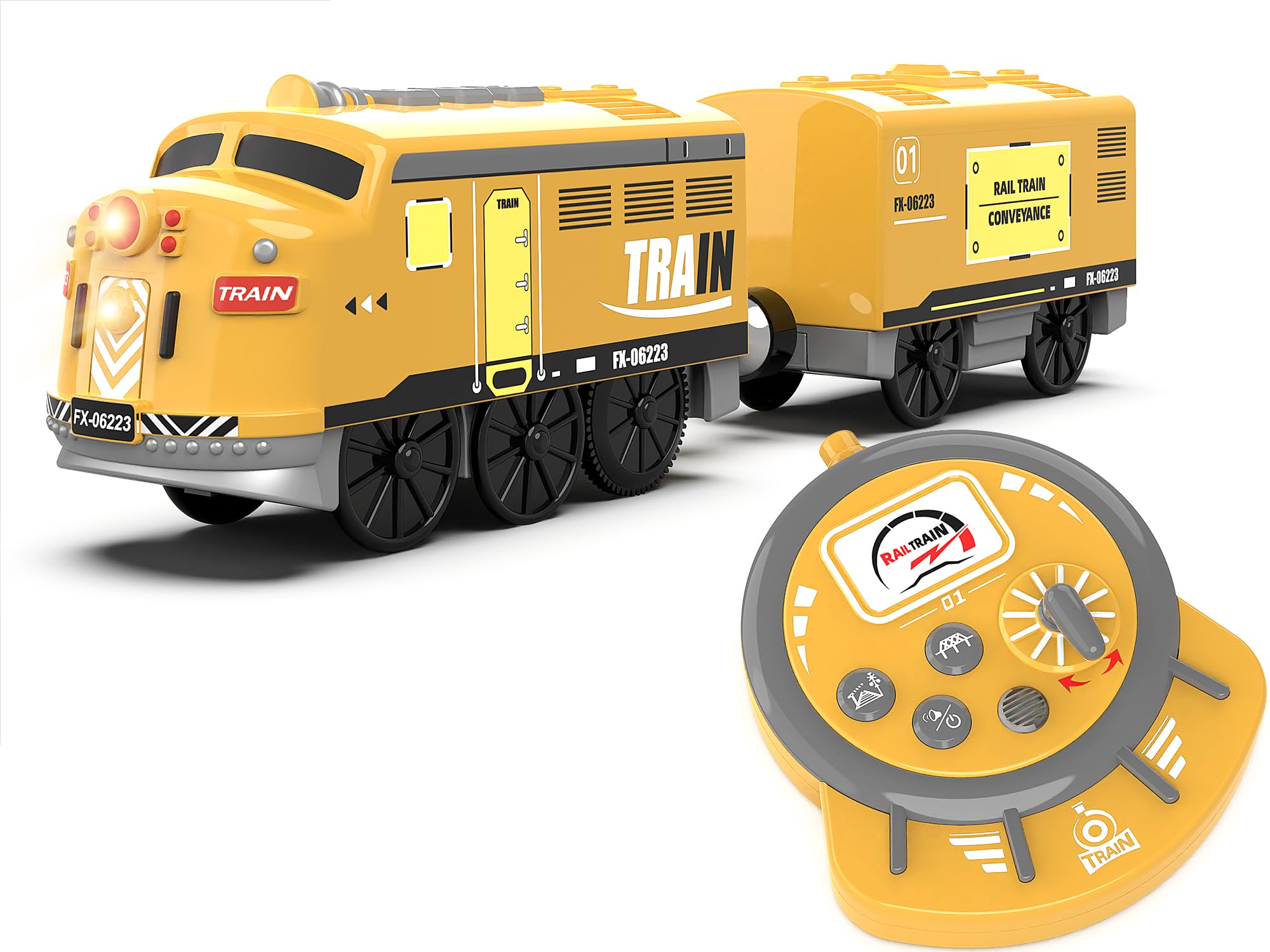 Photo 1 of Motorized Train for Kids, Remote Control Locomotive Train Toy for Wooden Tracks, Battery Powered Electric Trains with Sound & Lights Effects Compatible with Thomas, Brio, Chuggington