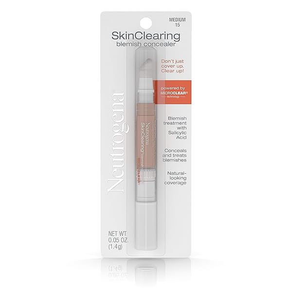 NEUTROGENA SKINCLEARING BLEMISH CONCEALER FACE MAKEUP WITH SALICYLIC ACID ACNE MEDICINE, NON-COMEDOGENIC AND OIL-FREE CONCEALER HELPS COVER, TREAT & PREVENT BREAKOUTS, MEDIUM 15,.05 OZ