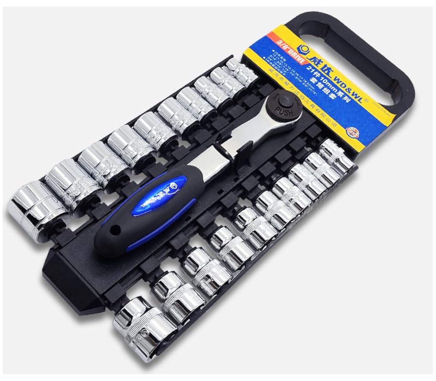 Suosi-GSCM 3/8-Inch Drive Metric & SAE 6-Point Standard Socket Wrench Set with Storage Rack, 10-22mm & 5/16”-7/8” (21-Piece)