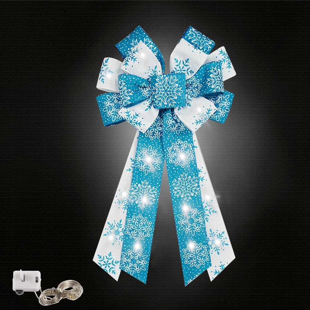 Bows & Ribbons - Hying Large Christmas Bows for Wreath, LED Light Blue White Snowflakes Wreath Bow for Christmas Décor Winter Blue Bow for Front Door Indoor Outdoor Wall Tree Topper Decoration Supplies Xmas Ornament