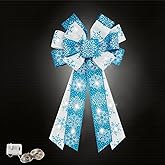 Hying Large Christmas Bow for Wreath, LED Light Blue White Snowflakes Wreath for Christmas Decor, Winter Blue Bow for Front Door, Indoor Outdoor Wall Tree Topper Decoration Supplies, Xmas Ornament