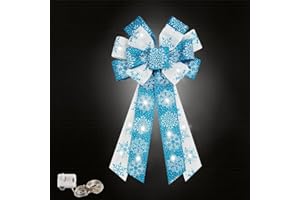 Hying Large Christmas Bows for Wreath, LED Light Blue White Snowflakes Wreath Bow for Christmas Décor Winter Blue Bow for Front Door Indoor Outdoor Wall Tree Topper Decoration Supplies Xmas Ornament