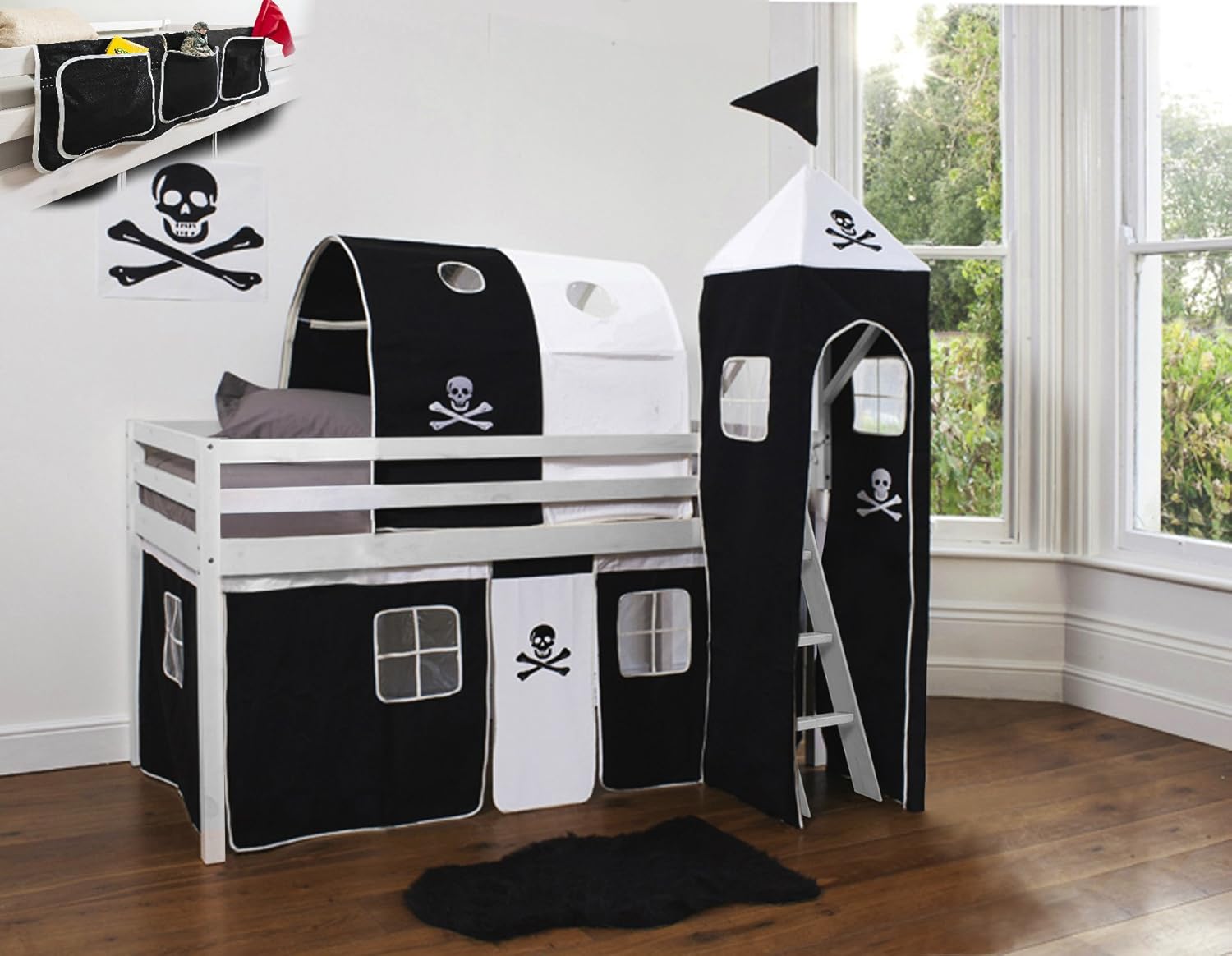 Noa and Nani Midsleeper Cabin Bed with Pirate Tent, Tunnel, Tower and