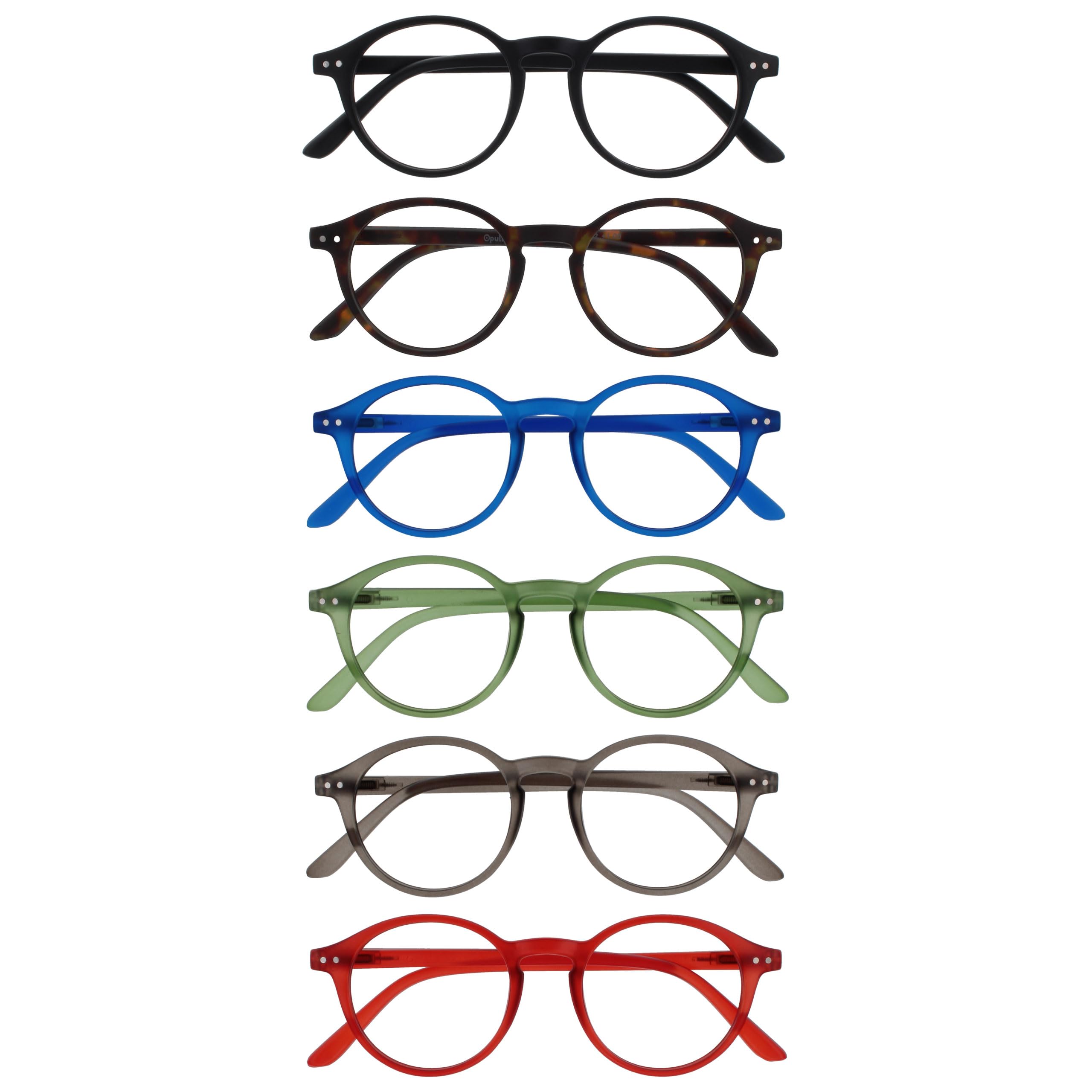 OPULIZE REY Reading Glasses - 6-Pack - Retro Round Frame - Matt Black, Brown, Blue, Green, Grey, Red - Mens Womens - Spring Hinges - RRRRRR56-12367Z - +1.00