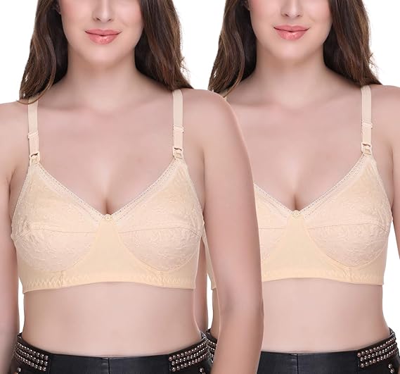 Women's Feeding Bra Full Cup Hosiery Cotton Breastfeeding Nursing Maternity (Beige) Combo Pack of 2