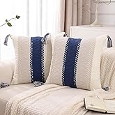 Tosleo Stripe Throw Pillow Covers 18x18 Set of 2 with Tassels Boho Navy Blue Pillow Covers Neutral Coastal Pillowcase Farmhouse Rustic Retro Cushion Case Bohemian Home Spring Decor