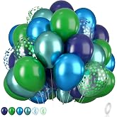 Blue and Green Balloon Set, 12 Inch Navy Blue Dark Green Balloons | Metallic Chrome Ballons, Confetti Green Blue Balloons for Jungle Safari Theme Boys Birthday Party Decorations