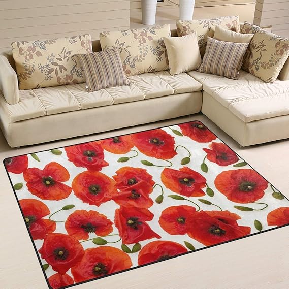 Area rug 63x48 Inch Red Poppy Flower Floral Print for Living Room