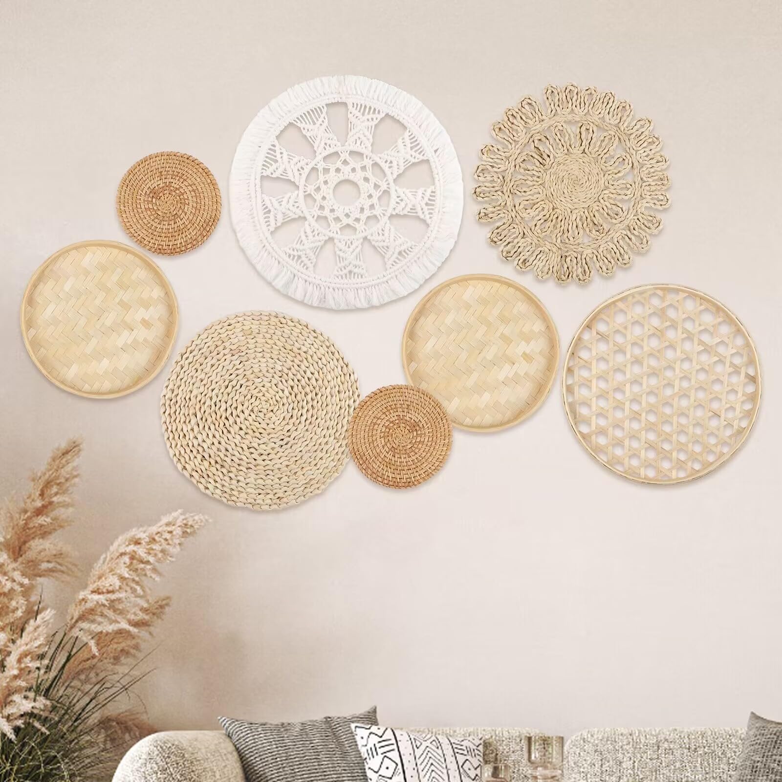 DETENE Set of 8 Rattan Flower Wall Art Above the Bed Boho Boho Flower Wall Hanging Decor for Living Rooms Farmhouse Nursery (White - A)