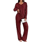 Ekouaer Lounge Sets for Women Long Sleeve Knit Ribbed Pajama Sets 2 Piece Casual Loungewear with Pockets