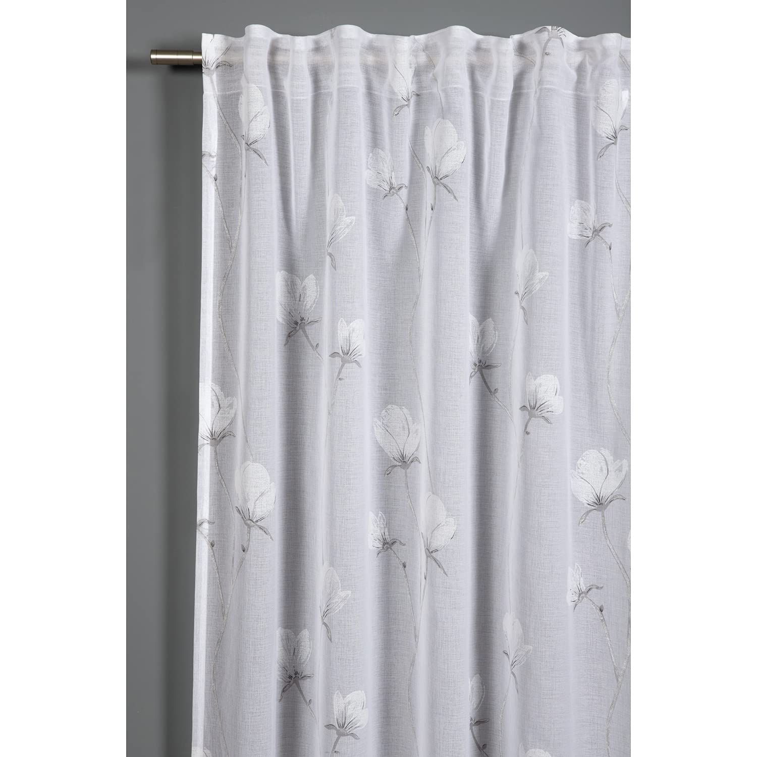 Gardinia Curtain with Hidden Tab Top and Tape Translucent Privacy Screen Anti-Glare Transparent Curtain with Snowvoile Flower Print, Silver/Grey, 140 x 245 cm