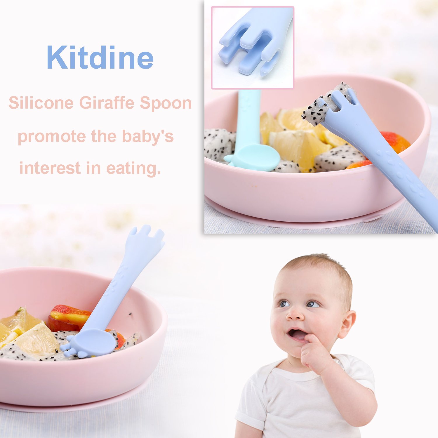 Kitdine Baby Spoons Silicone Giraffe Spoon BPA Free for Baby Feeding and Infant Weaning Teething Toys Training Forks Spoons Set of Two (Blue&Yellow)