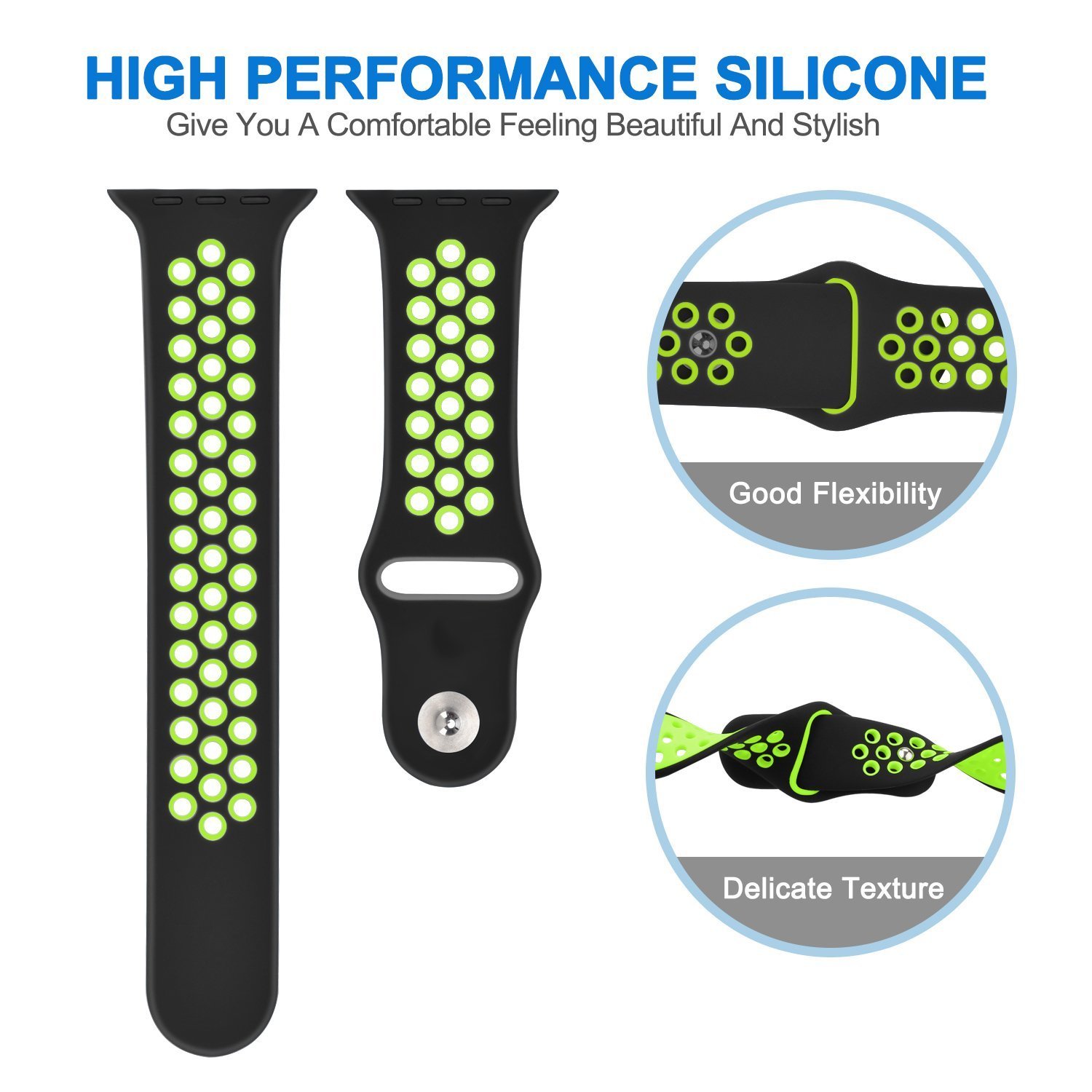 Casual Accessories Apple Watch Band 42 mm Black Green - Sports Soft Silicone Replacement Band For iWatch Series 3 2 1, Nike + Sport Edition Strap M/L Size Black Green