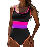 popvil Women's One Piece Swimsuits 2025 Tummy Control -Modest Neon 1 Piece Bathing Suit Beach Outfit Sexy Sport Swim Suits,Black Purple,X-Large