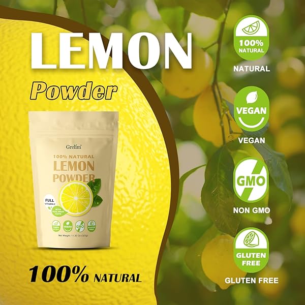 GRELIM LEMON POWDER 11.30 OZ, 100% FREEZE DRIED POWDER, FILLER FREE, GLUTEN-FREE, RICH IN NATURAL VITAMIN C FRESH SQUEEZED LEMON FLAVOR GREAT FOR BEVERAGES, SMOOTHIES 320G