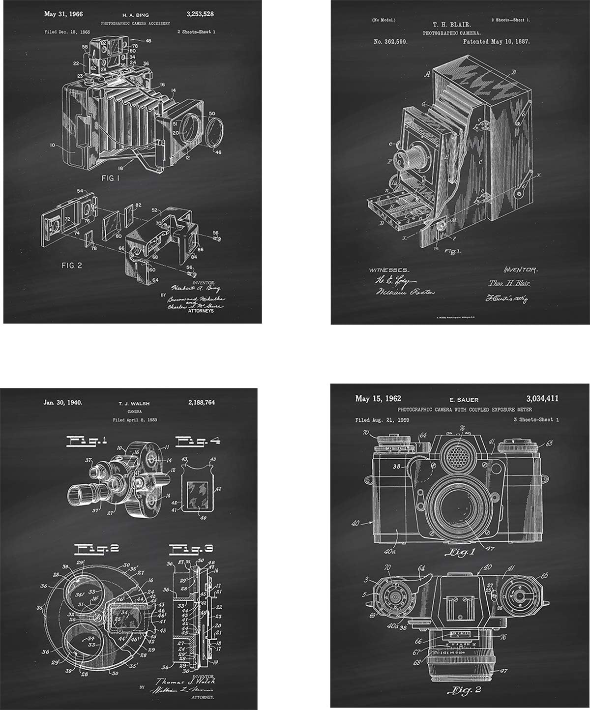 Antique Camera Patent Wall Art Prints on Chalkboard Background - set of Four (8x10) Unframed - wall art decor for photographer