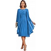 2 Pieces Mother of The Bride Dresses for Wedding Lace Applique Chiffon Knee Length Formal Dresses for Women with Jacket