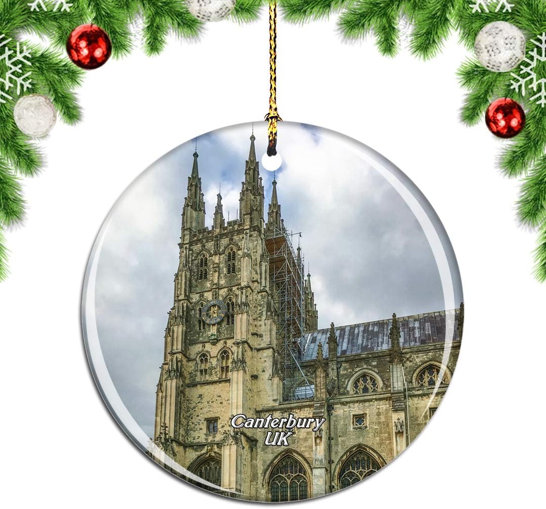 Weekino UK England Canterbury Cathedral Christmas Xmas Tree Ornament Decoration Hanging Pendant Decor City Travel Souvenir Collection Double Sided Porcelain 2.85 Inch