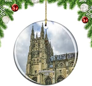 Weekino UK England Canterbury Cathedral Christmas Xmas Tree Ornament Decoration Hanging Pendant Decor City Travel Souvenir Collection Double Sided Porcelain 2.85 Inch