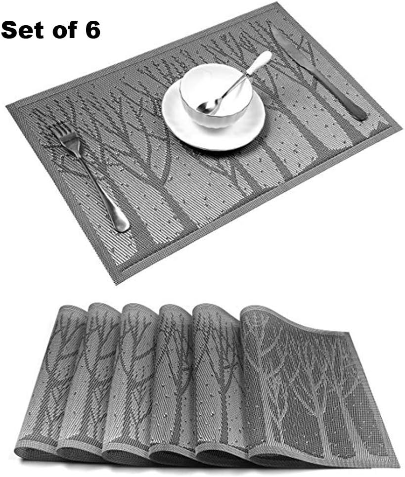 FURTHERNEXT Placemats, Durable Crossweave Woven Vinyl Non-Slip Insulation Washable Heatproof Place Mats Set of 6 for Dinning Table (Silver Tree)