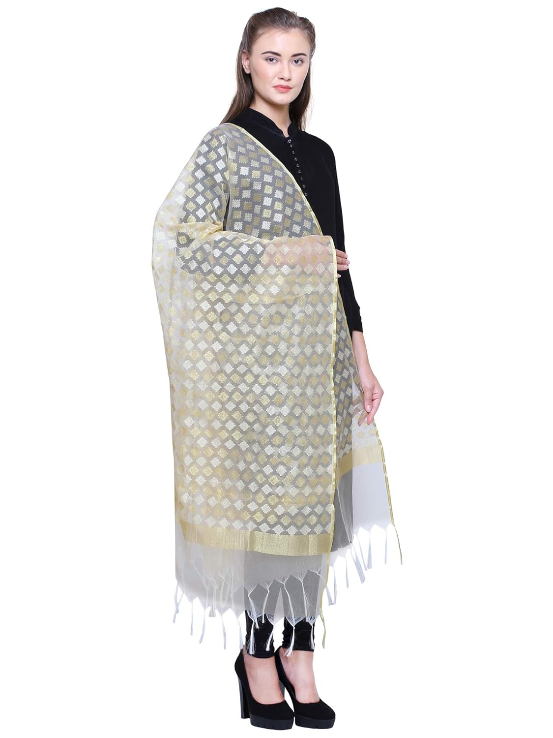 loom legacy women dupatta organza net dupatta (as-206_golden_90x250 cms)