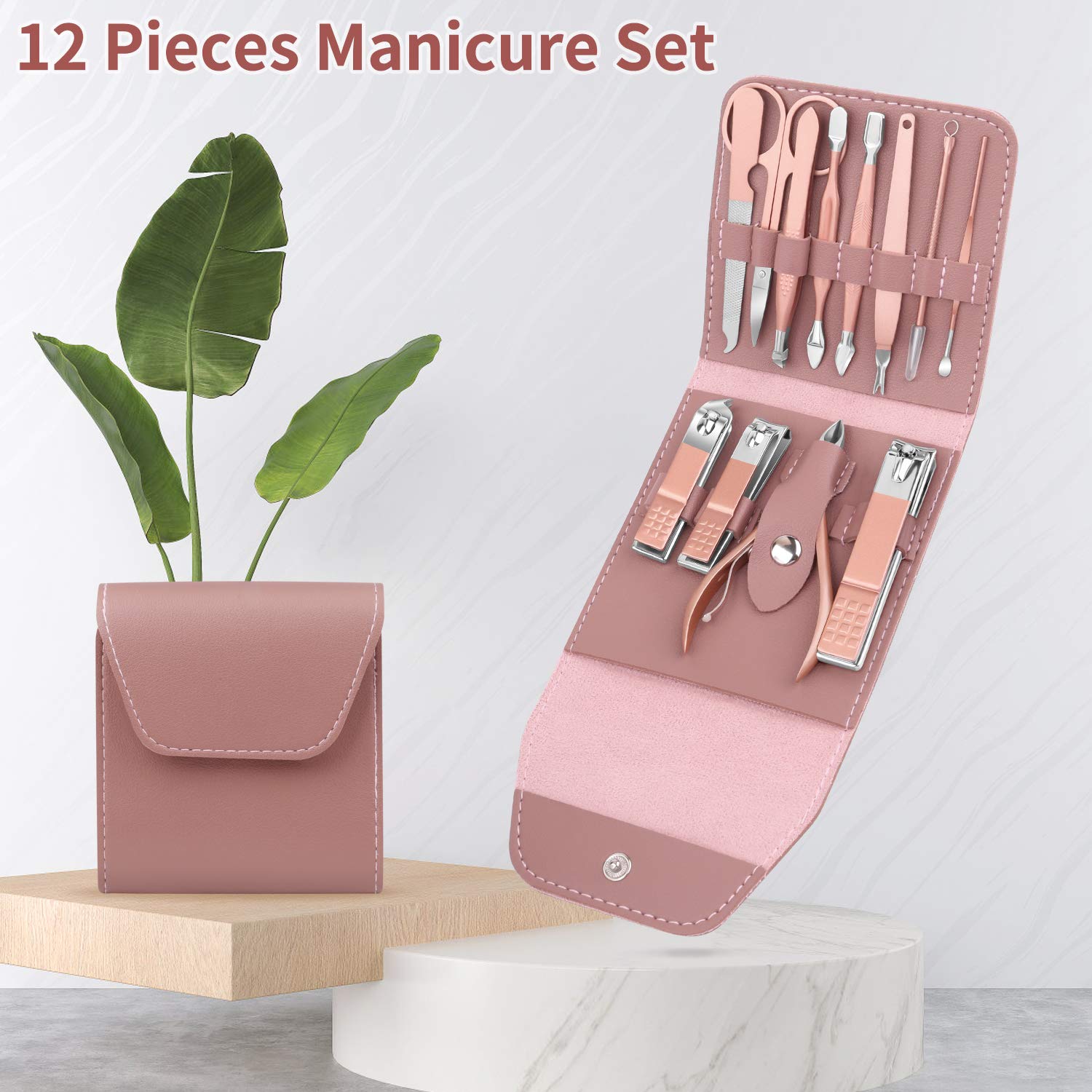 Teamkio 12PCS Manicure Set for Women, Stainless Steel Pink Nail Care Kit, Nail Grooming Kit with Leather Storage Case : Beauty