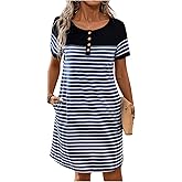 RoseSeek Women's Casual Summer Dresses 2025 Short Sleeve Crewneck Striped Button Front Mini Tshirt Dress with Pockets