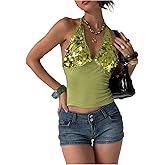 Floerns Women's Y2k Sequin V Neck Halter Top Sleeveless Backless Fitted Summer Crop Tops