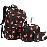 Mimfutu Strawberry School Backpack for Teen Girls, 3-in-1 Kids Backpack Bookbag Set School Bags with Lunch Box Pencil Case
